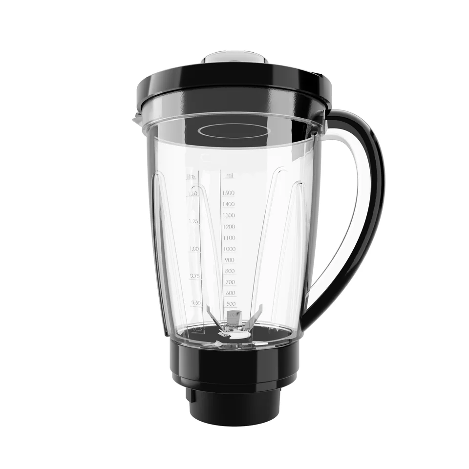 The clear blender jar with its black lid and handle, on white