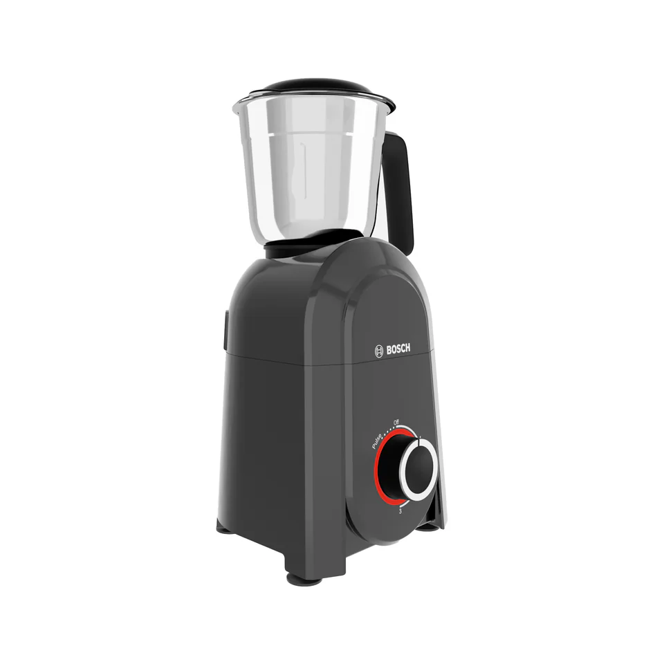 A 3D render of the black mixer grinder with a steel jar on top, turned 45 degrees to the left, on white