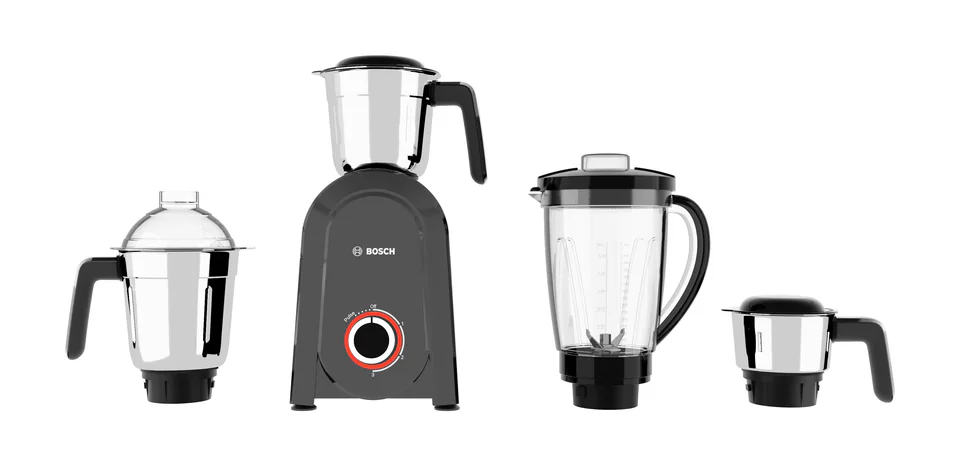 A 3D render of a black mixer grinder with its four jars beside it: two steel jars, a small chutney jar and a clear blender jar, on white