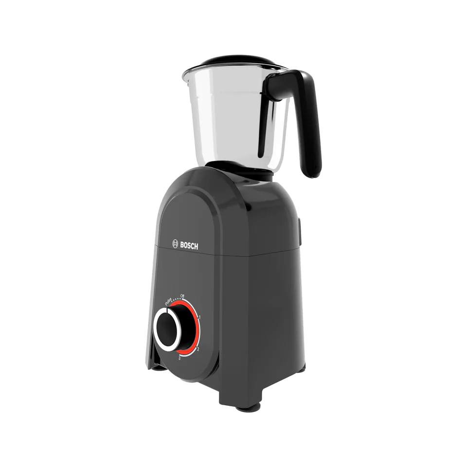 The same mixer grinder turned 45 degrees to the right, showing its red-ringed speed knob, on white
