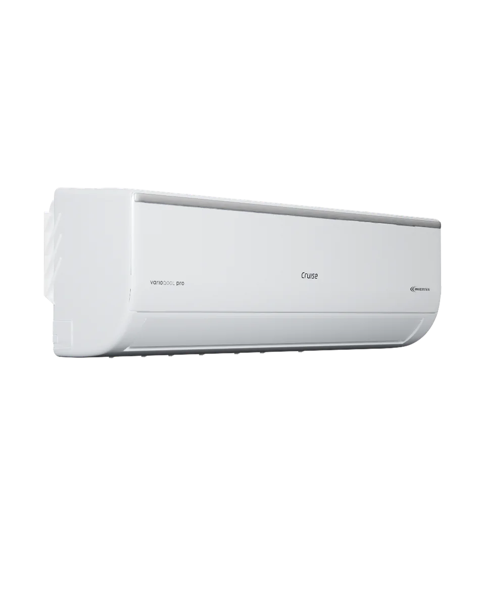 A 3D render of a white split air conditioner indoor unit, seen from below and to the left