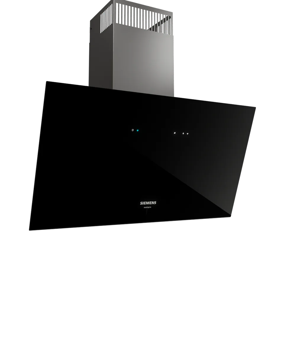 A 3D render of a black angled-glass kitchen chimney with a steel duct rising to the ceiling