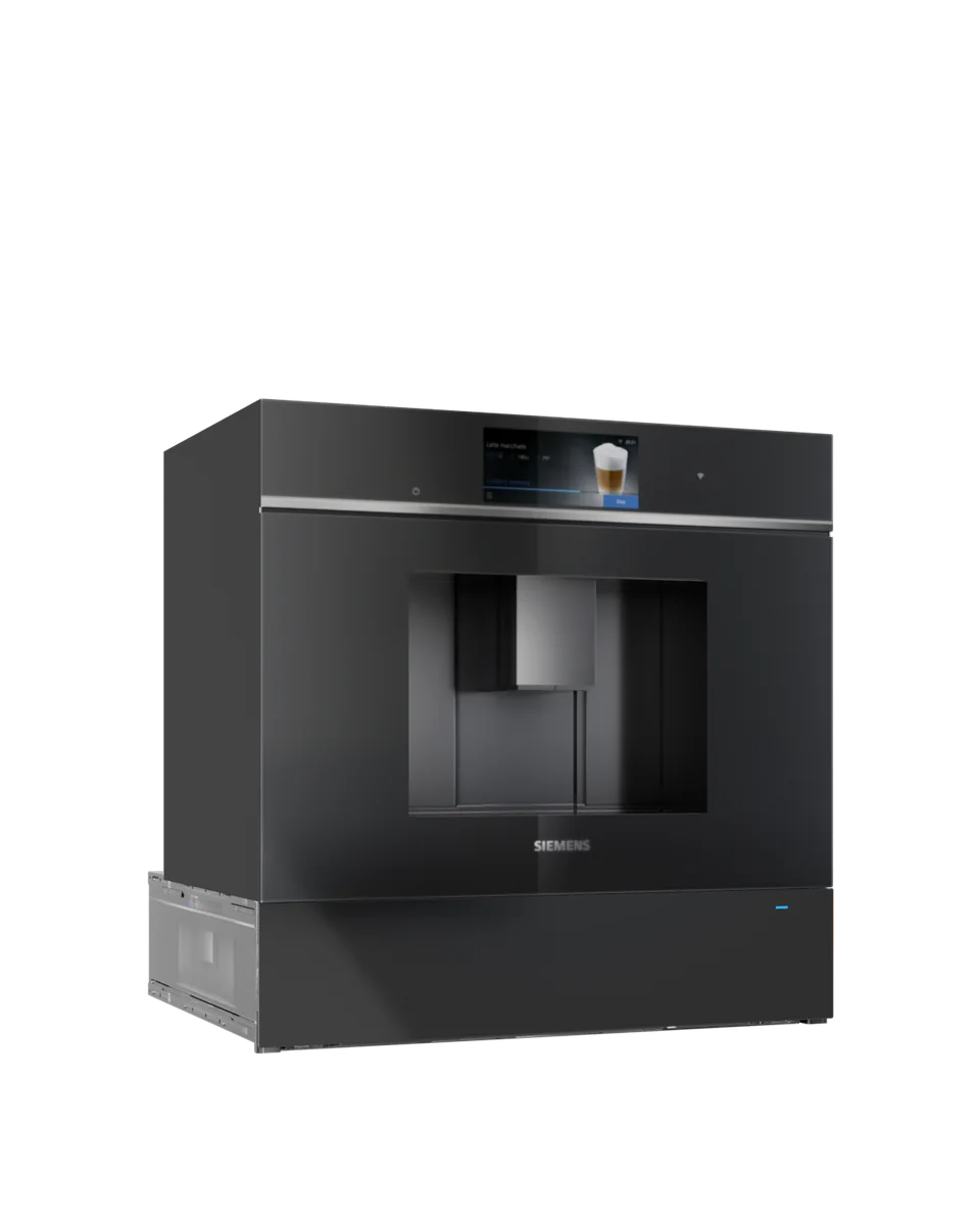 A 3D render of a black built-in coffee machine with a touch screen above its spout