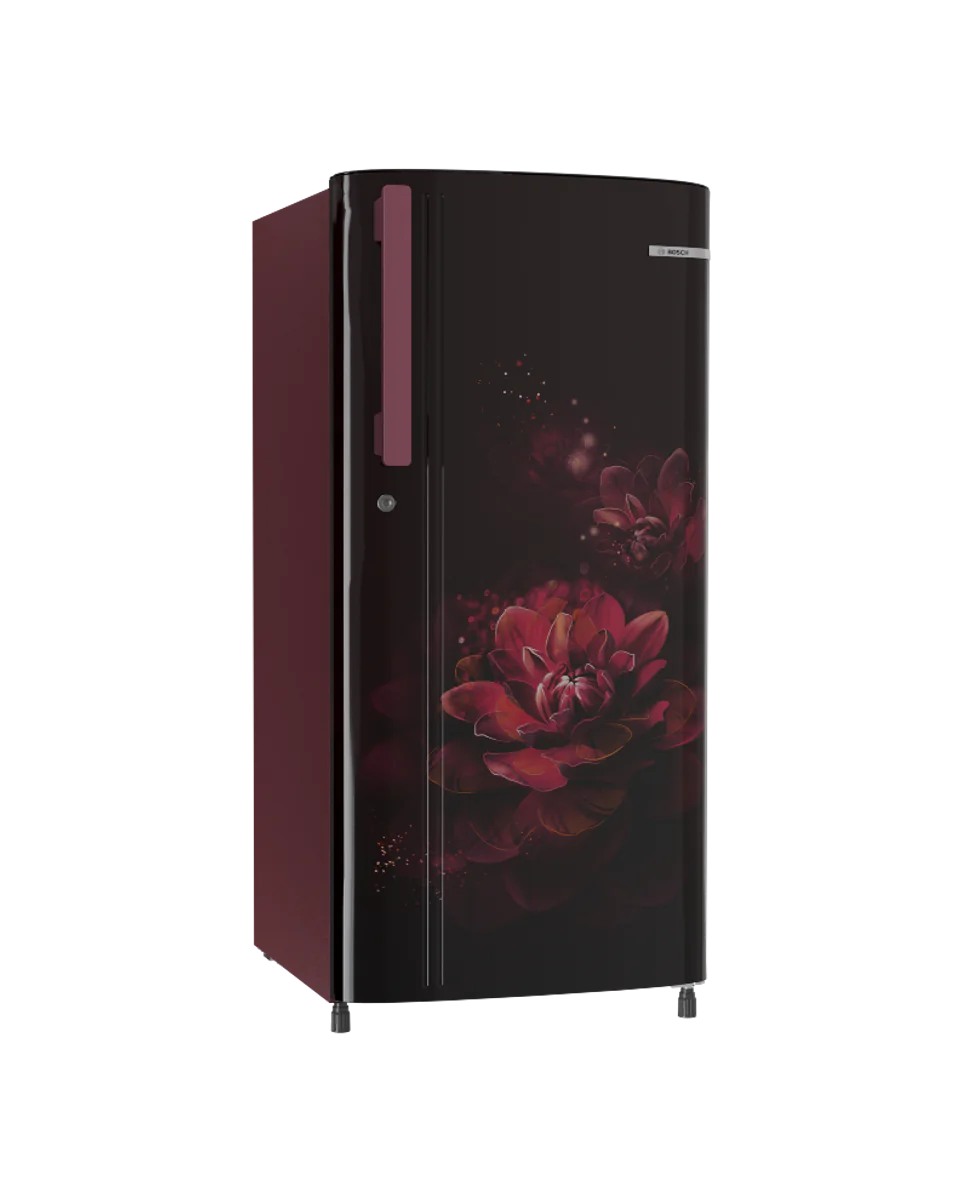A 3D render of a wine-red single-door refrigerator with a large dark flower printed on its door