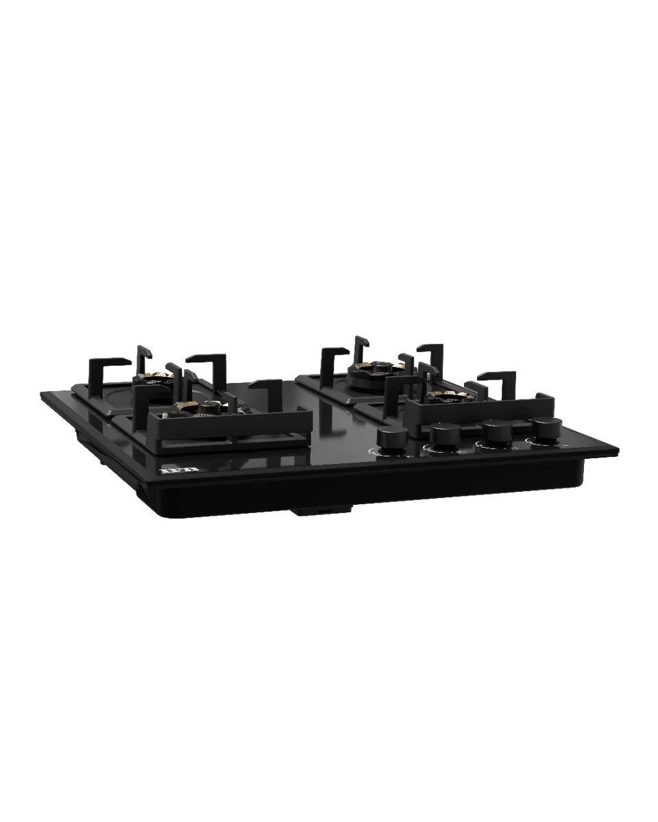 A 3D render of a black glass gas hob with four brass burners, seen from above at an angle