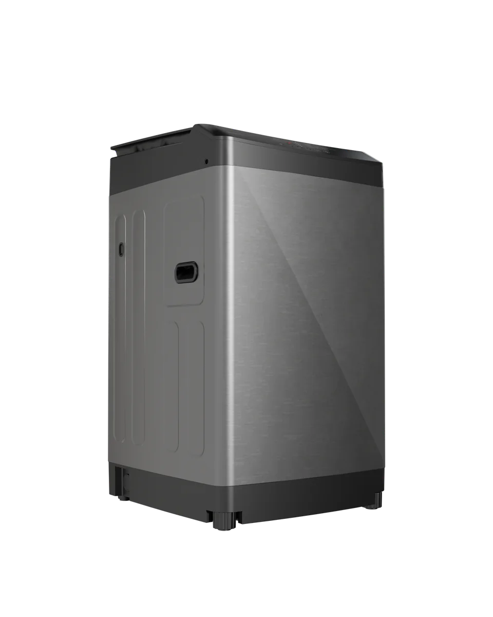 A 3D render of a top-load washing machine in brushed dark steel