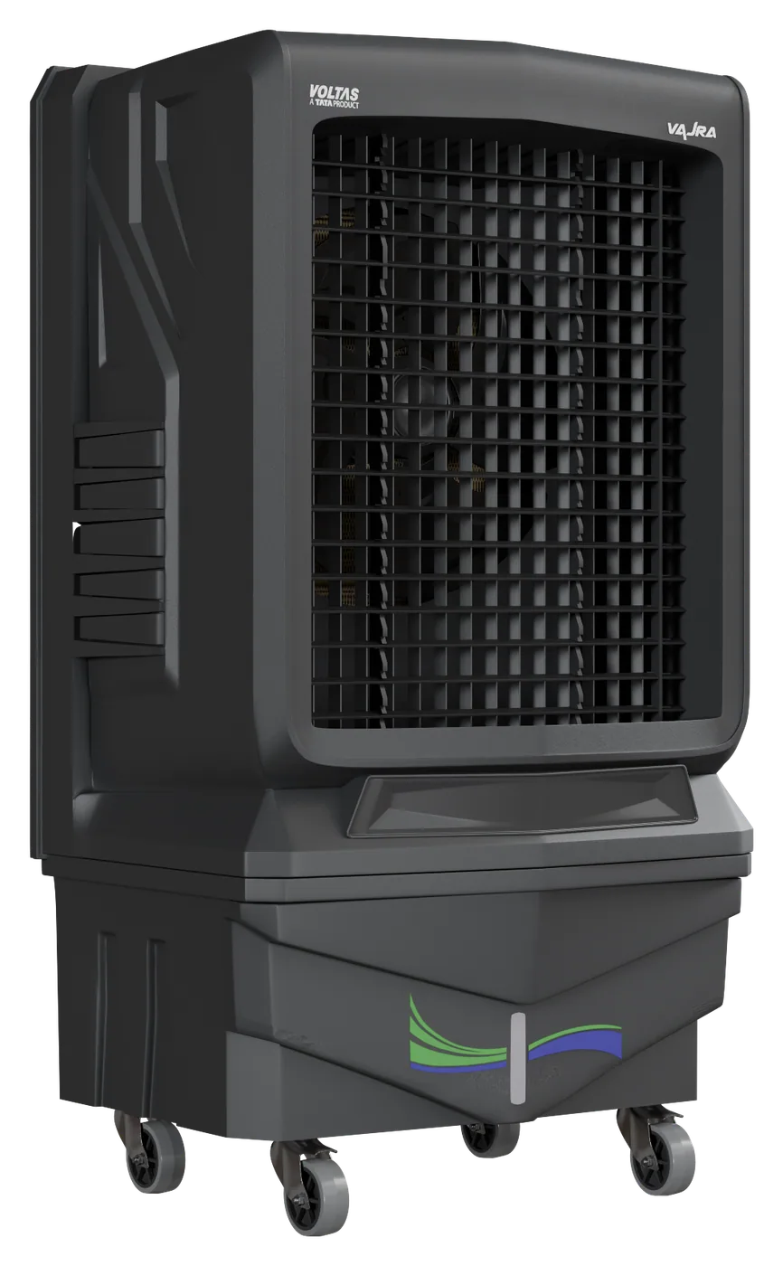 A 3D render of a tall black air cooler on wheels, which builds itself from a wireframe to a clay model to the finished product