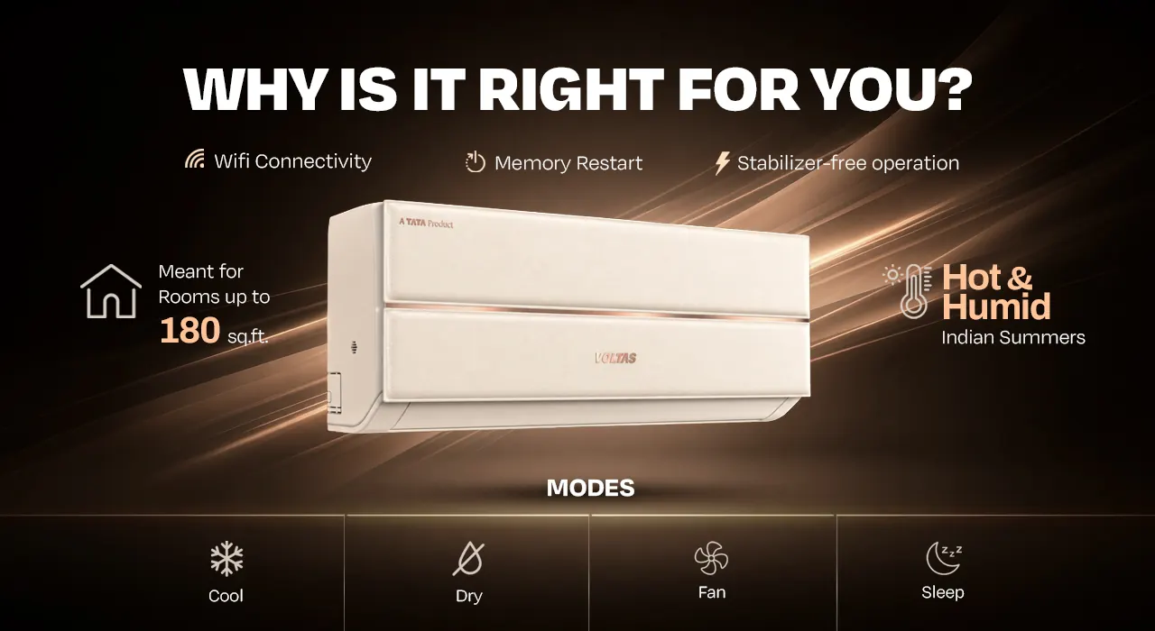 Why is it right for you: Wi-Fi, memory restart and stabiliser-free operation, for rooms up to 180 sq ft and hot, humid summers