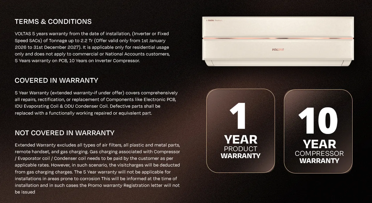 The warranty terms: a 1-year product warranty and a 10-year compressor warranty