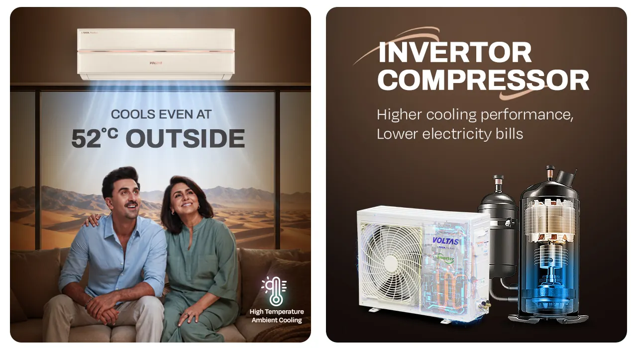 Cools even at 52 °C outside, with an inverter compressor for lower electricity bills