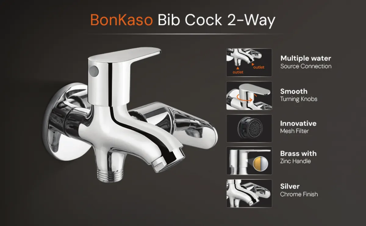 A two-way bib cock with multiple water connections, smooth knobs, a mesh filter, brass and a chrome finish