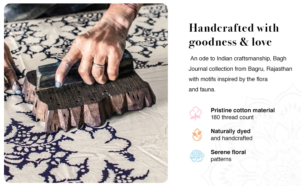 Hand block printing on cotton: handcrafted in Bagru, Rajasthan, 180 thread count, naturally dyed, serene floral patterns