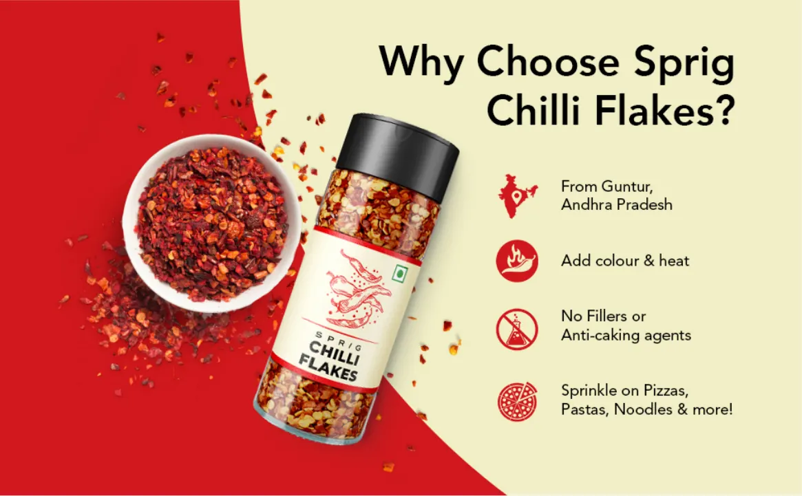 Why choose these chilli flakes: from Guntur, adds colour and heat, no fillers or anti-caking agents
