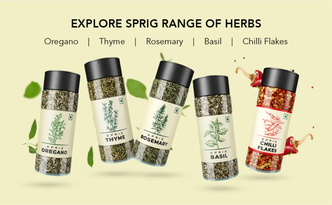 The range of herb jars: oregano, thyme, rosemary, basil and chilli flakes