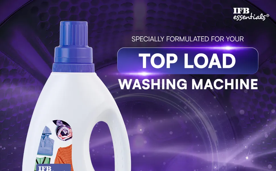 A bottle of liquid detergent on purple, specially formulated for top-load washing machines