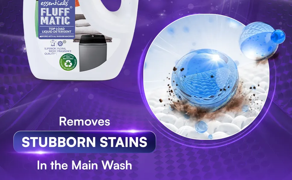 The detergent bottle beside stains lifting off fabric: removes stubborn stains in the main wash