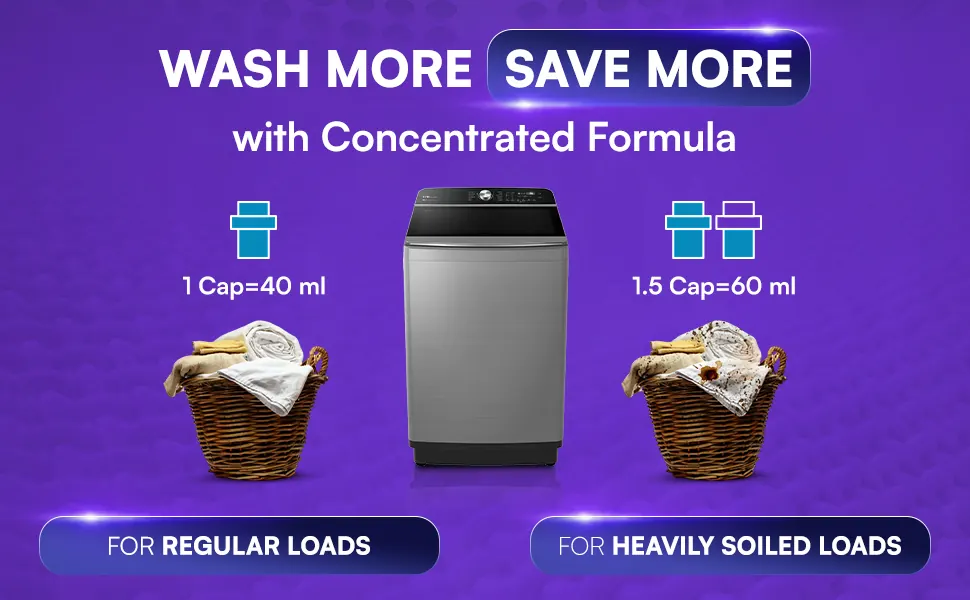 Wash more, save more: one cap for regular loads and one and a half caps for heavily soiled loads
