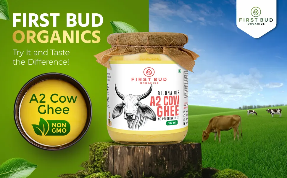 A jar of A2 cow ghee on a tree stump in a green field with cows, non-GMO