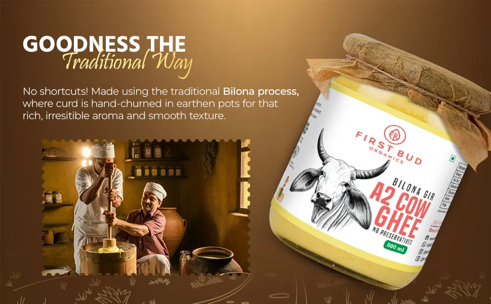 Two men hand-churning curd the traditional bilona way, beside the jar of ghee