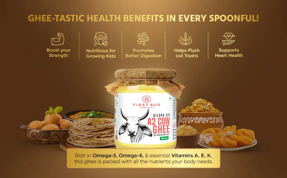 Five health benefits shown as icons above the jar and Indian dishes