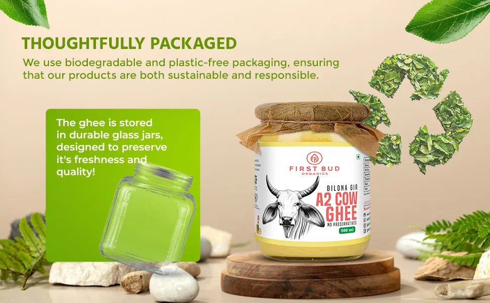 The ghee in a glass jar with leaves, thoughtfully packaged and plastic-free