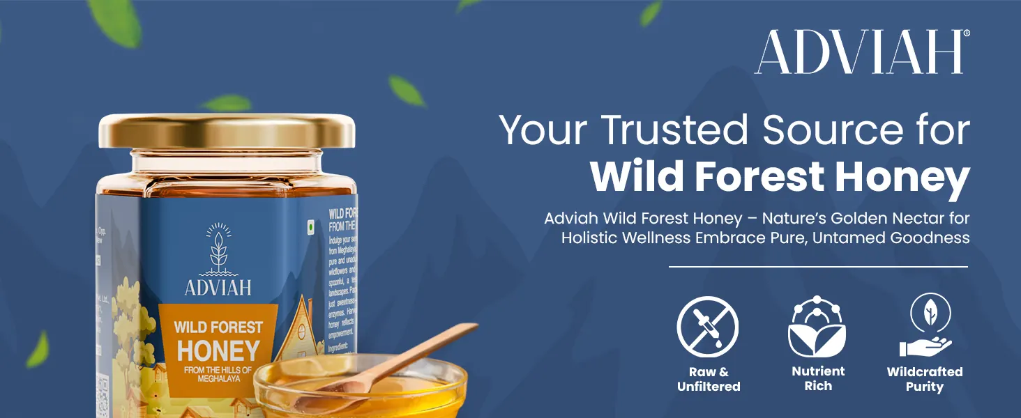 A jar of wild forest honey with a honey bowl: raw and unfiltered, nutrient rich, wildcrafted purity