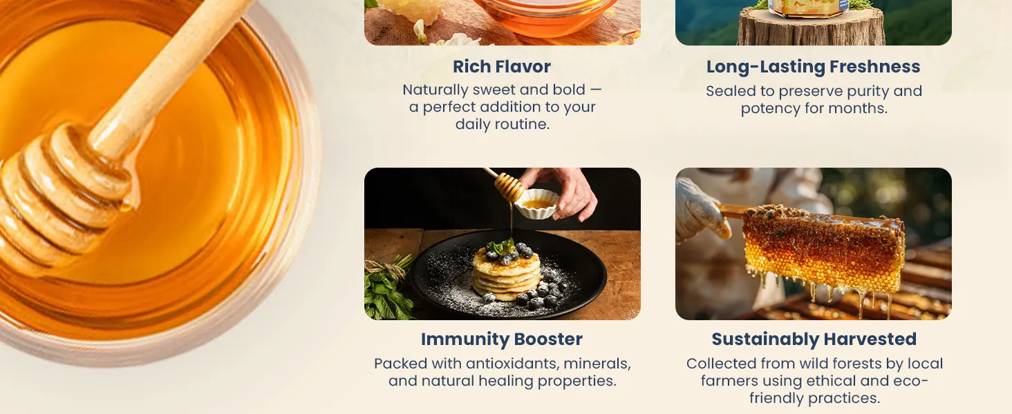 Immunity booster and sustainably harvested, beside a honey dipper