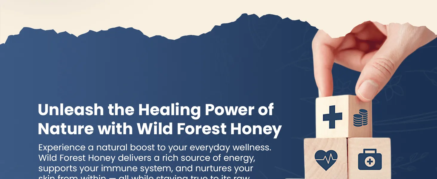 Unleash the healing power of nature with wild forest honey, beside wooden health blocks