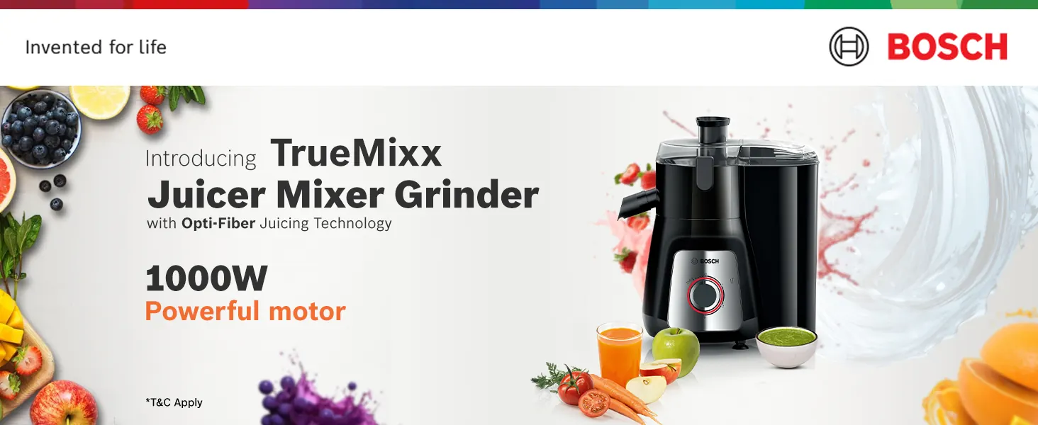 A black juicer mixer grinder with fruit: 1000 W powerful motor