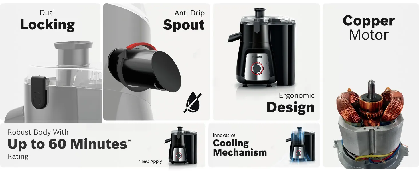 Dual locking, anti-drip spout, copper motor, ergonomic design and up to 60 minutes of running