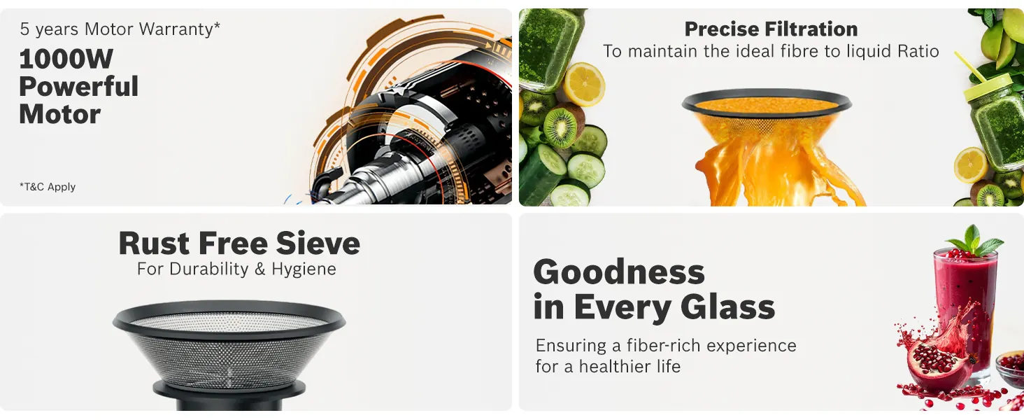Motor warranty, precise filtration, a rust-free sieve and goodness in every glass