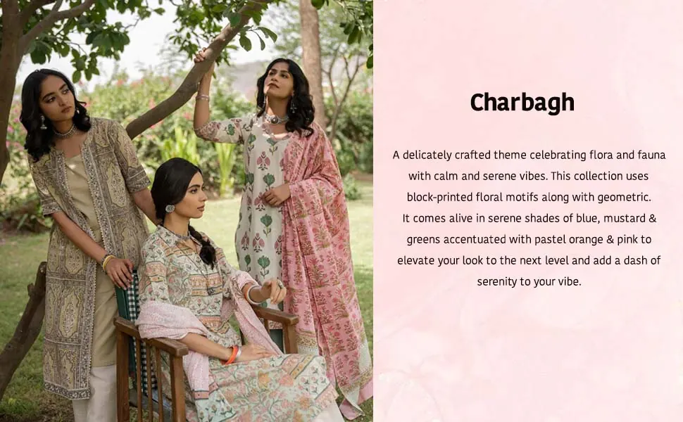 Three women in the Charbagh collection in a garden, beside the collection’s story