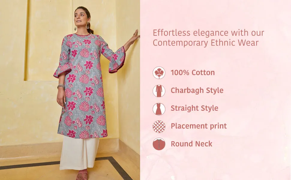 A woman in the printed kurta: 100% cotton, Charbagh style, straight style, placement print, round neck