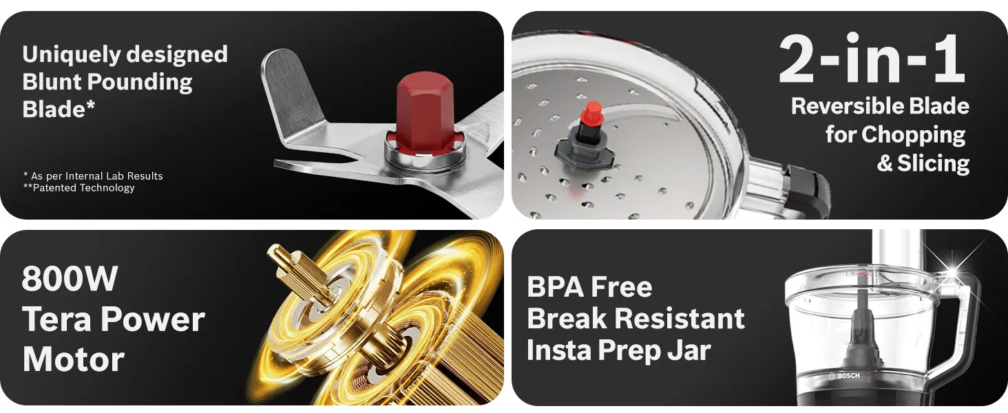 A 2-in-1 reversible blade, an 800 W motor and a BPA-free break-resistant jar