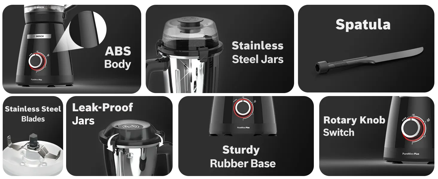ABS body, stainless steel jars and blades, spatula, leak-proof jars, sturdy rubber base and rotary knob