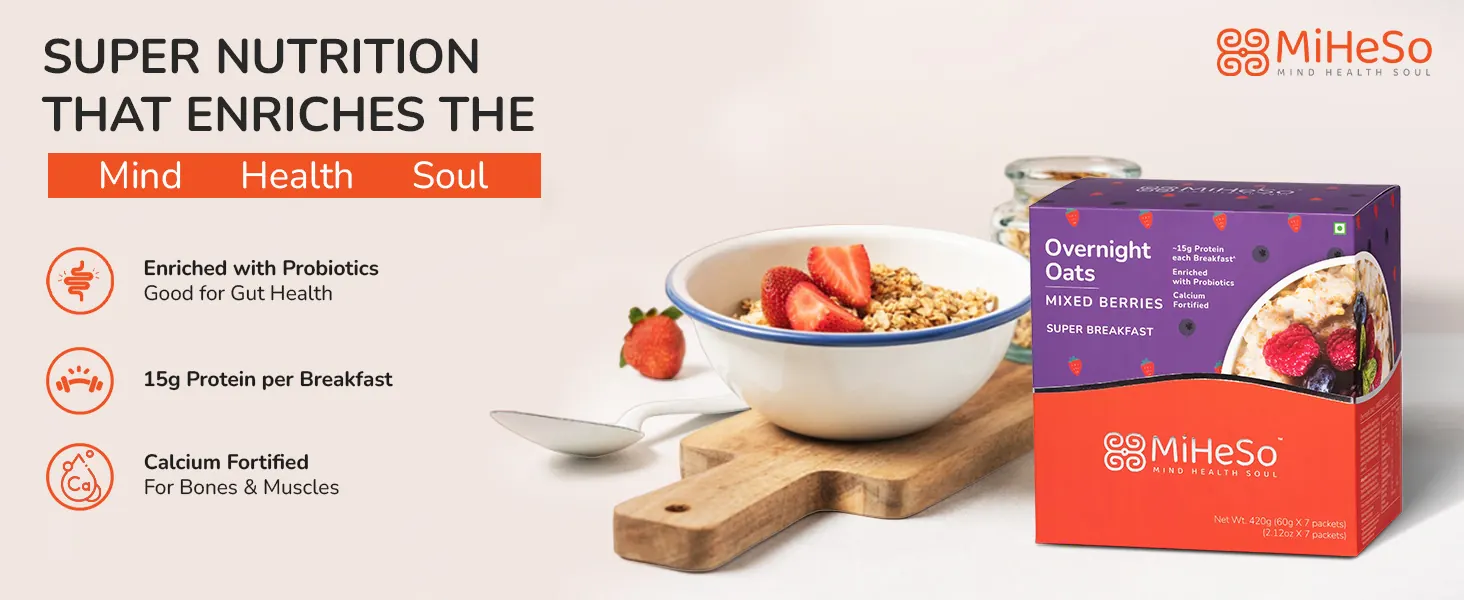 A bowl of overnight oats with berries: super nutrition with probiotics, protein and calcium