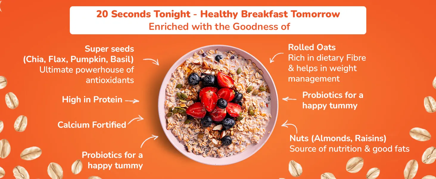 20 seconds tonight, healthy breakfast tomorrow: super seeds, rolled oats, protein, calcium, probiotics and nuts