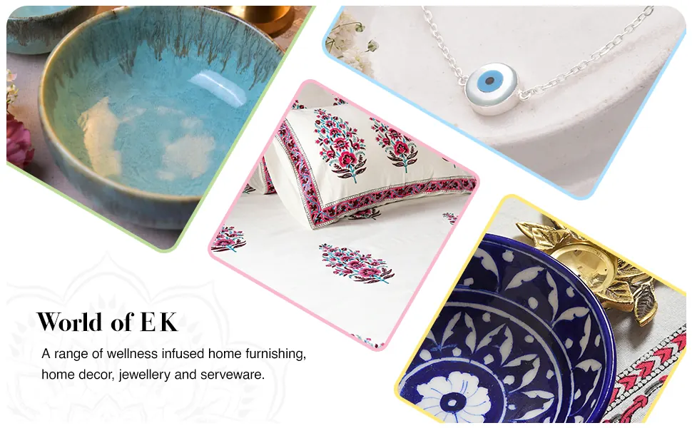 World of EK: a bowl, a bedsheet, a pendant and a plate from the brand’s range