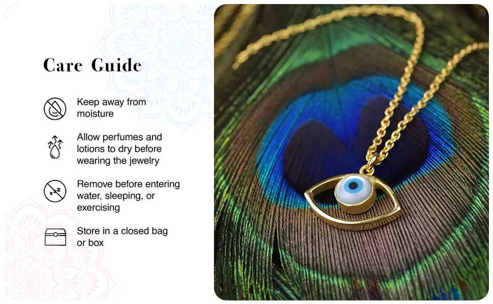 Care guide: keep away from moisture, let perfume dry first, remove before water, sleep or exercise, store in a closed box