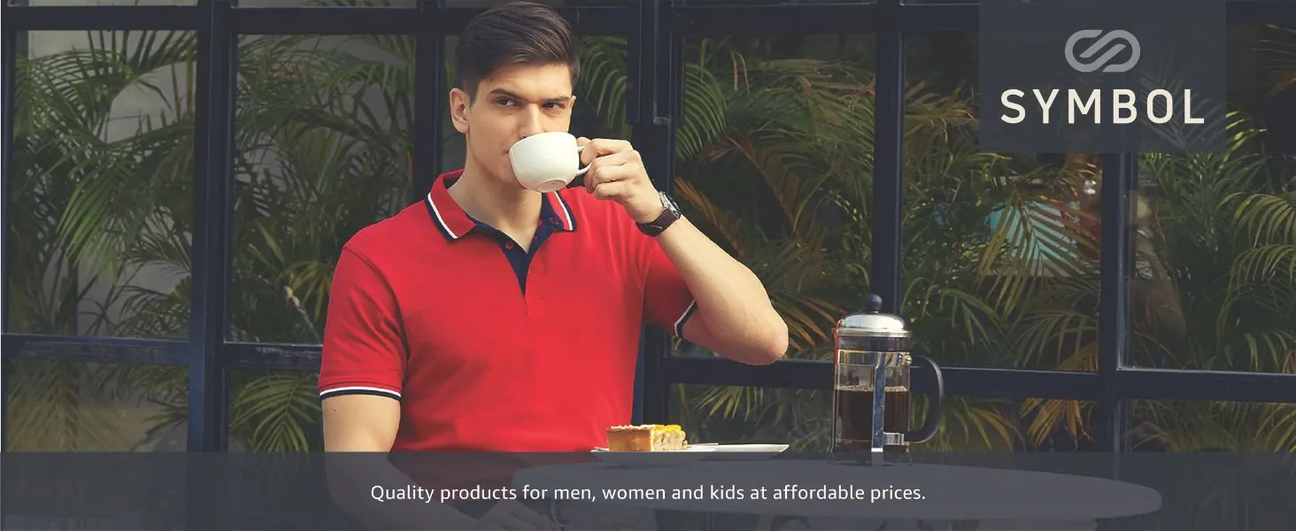 A man in a red polo shirt with a cup of coffee, beside the brand’s logo: quality products for men, women and kids at affordable prices