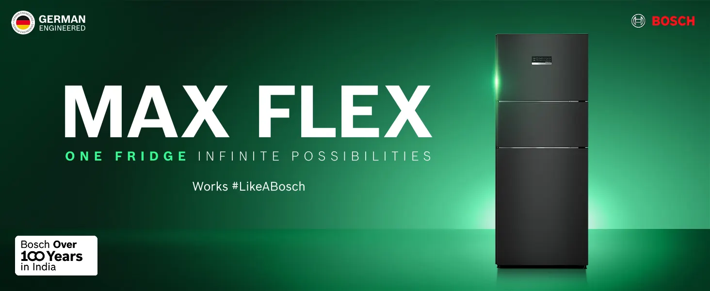 A dark steel fridge in a green-lit room: Max Flex, one fridge, infinite possibilities