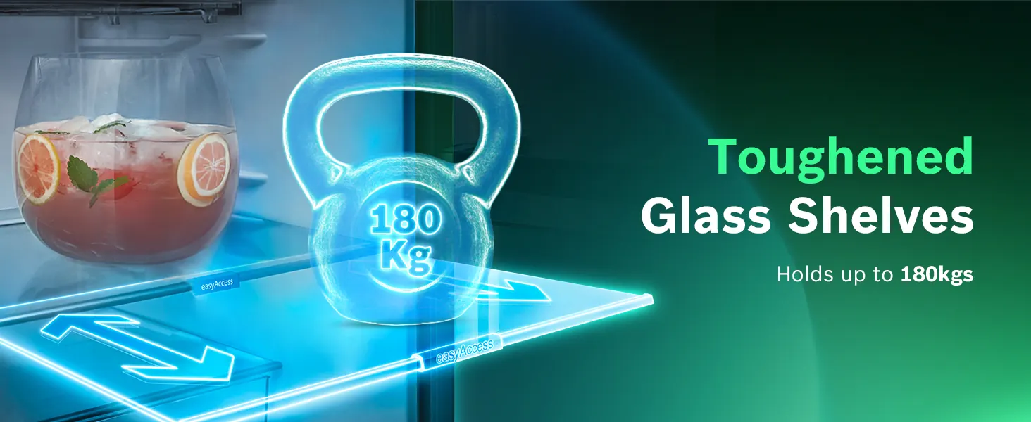 Toughened glass shelves that hold up to 180 kg