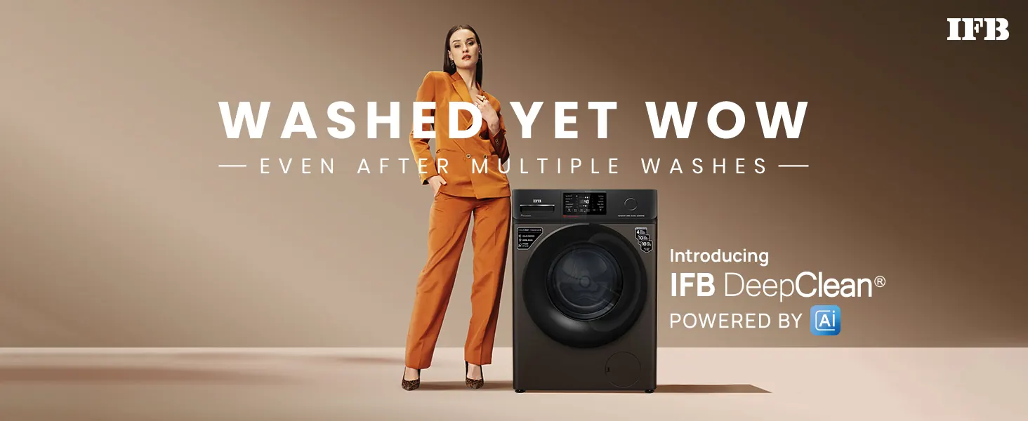 A washing machine beside a woman in a crisp suit: washed, yet wow, even after multiple washes