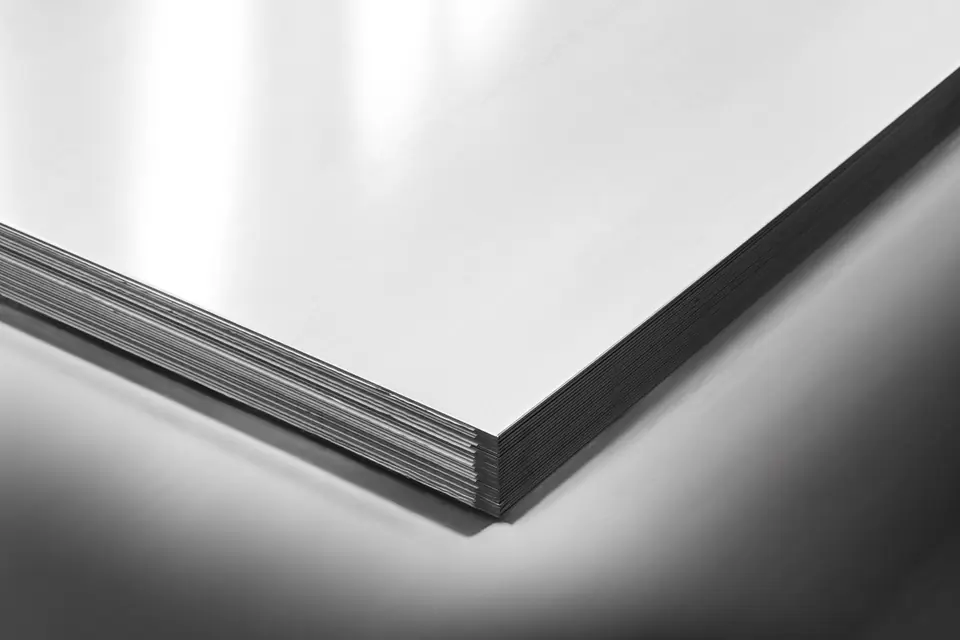 The edge of a stack of thin, bright steel sheets, close up