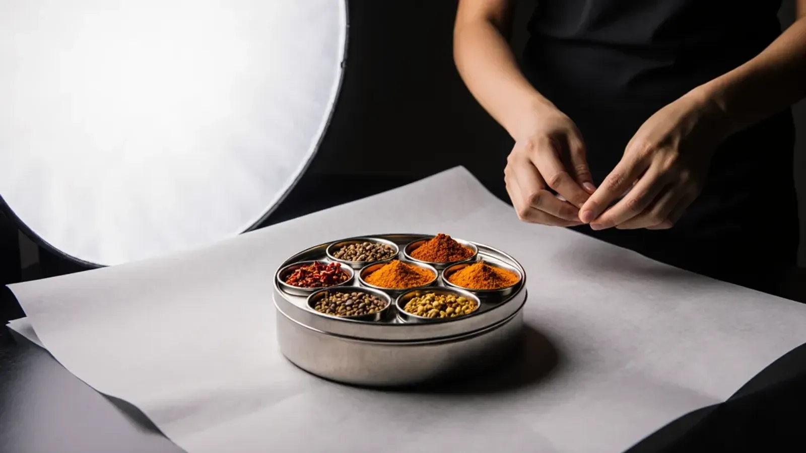 A steel masala dabba of bright spices on a grey paper set, with a round softbox and a photographer's hands beside it
