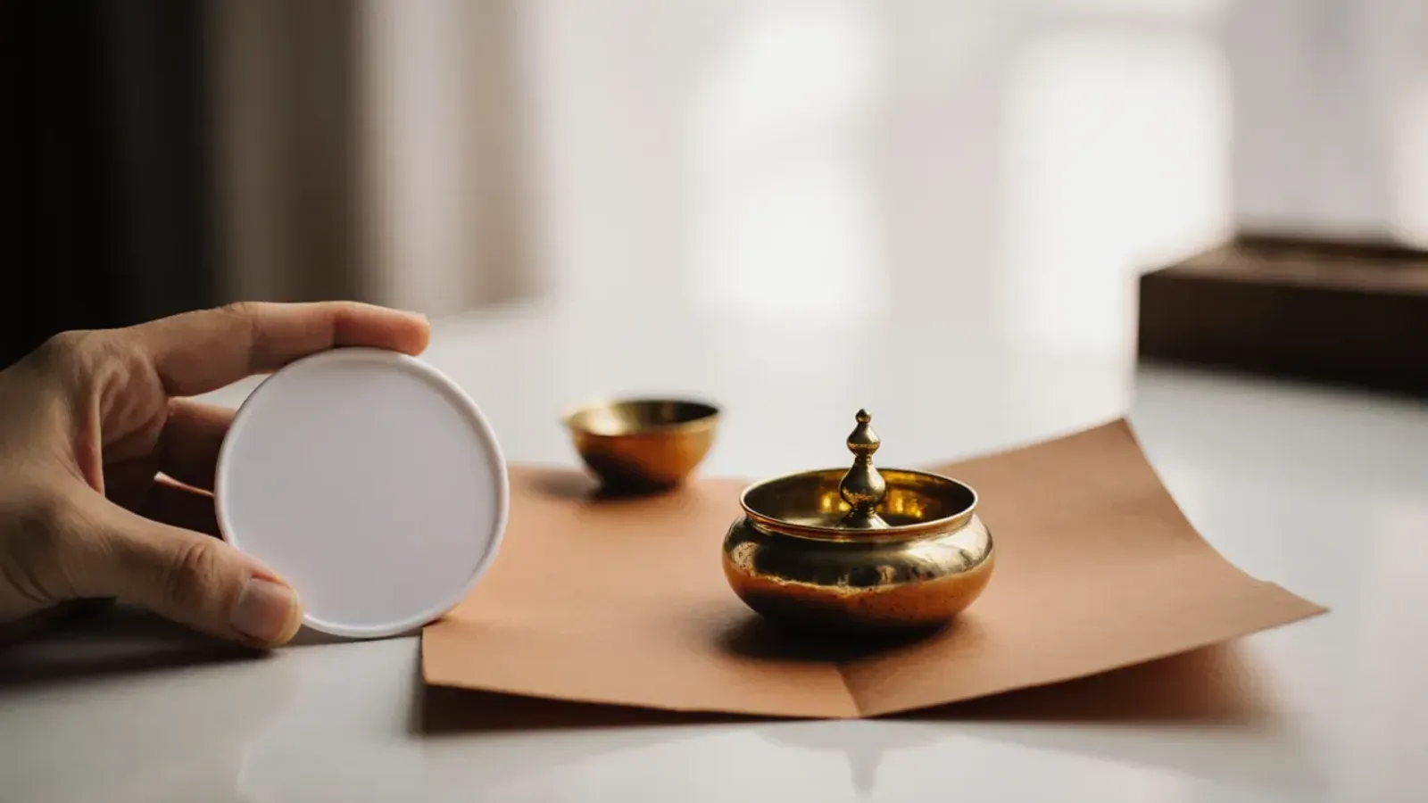 A brass pot and a small brass bowl on terracotta paper, with a photographer's hand holding a small round white reflector beside them