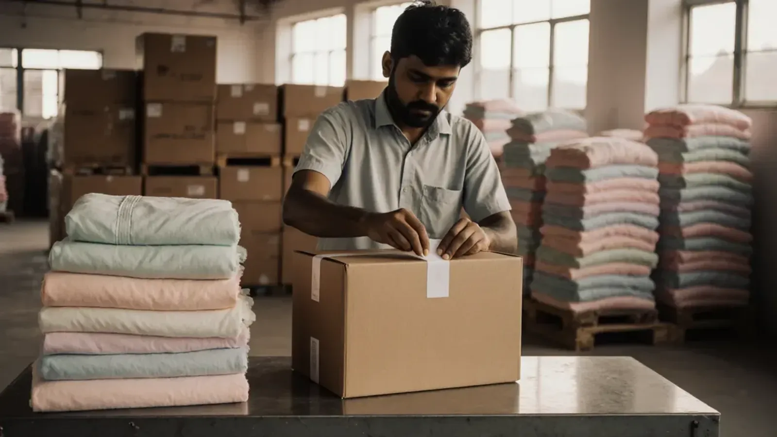 A packer seals a carton with tape on a steel table in a bright warehouse, beside stacks of folded pastel linen and rows of cartons on pallets