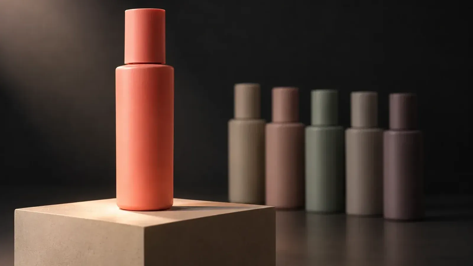 An orange bottle on a stone plinth, lit in the dark, with a row of plainer bottles behind it