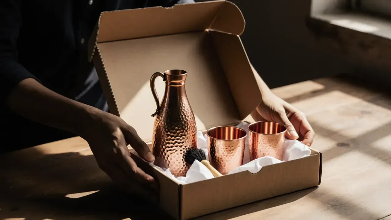 Hands hold open a kraft box packed with a hammered copper jug, two copper tumblers and a small brush in white tissue, on a sunlit wooden table