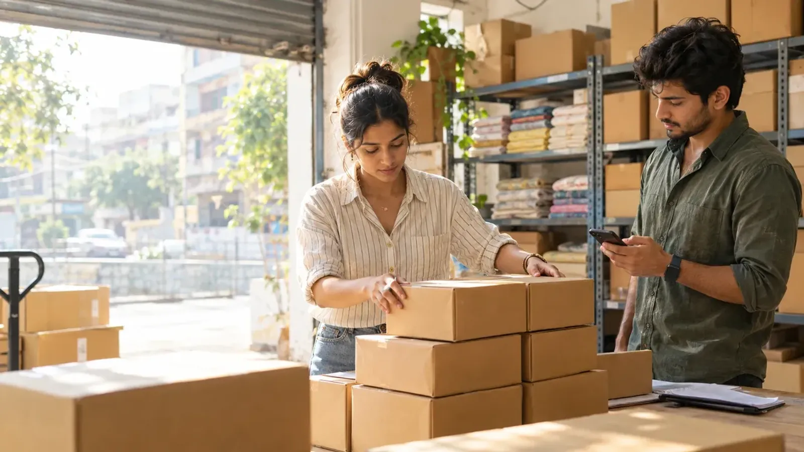 A woman stacks brown cartons on a packing table in a sunny warehouse while a colleague checks his phone, with shelves of cartons and folded fabric behind them